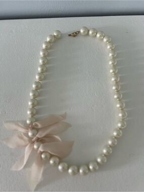 J. Crew Pearl Necklace with Blush Fabric Flower Accents